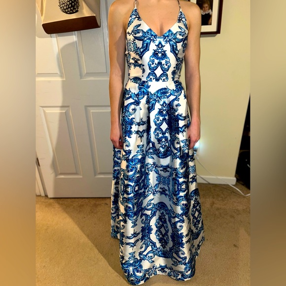 by & by Dresses & Skirts - Blue & White Printed Prom Gown